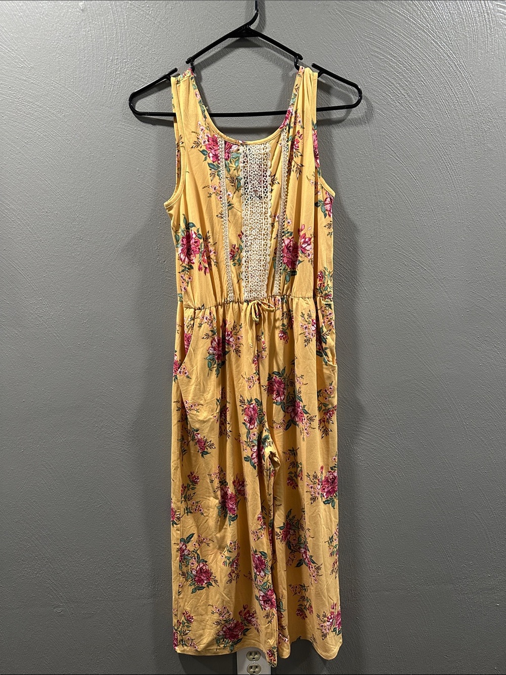 lilt Yellow Floral Sleeveless Jumpsuit with Pink Accents